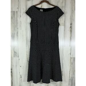 Anne Klein Dress 6 Black White Polka Dot A-line Ponte Knit Cap Sleeve Boat‎ Neck